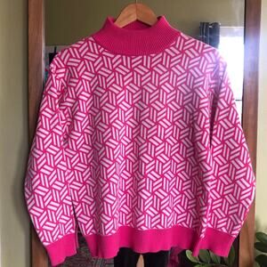 Cherie Collette Pink Geometric Knit Sweater Medium Mock Neck Barbiecore Coquette